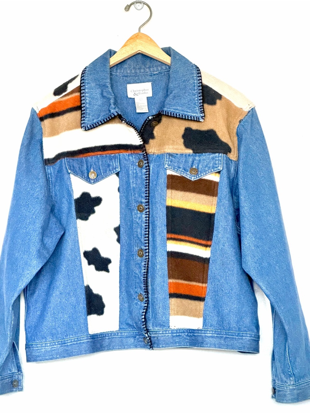 Vtg Christopher & Banks Western Cow Print Patchwork Denim Jacket XL Y2K